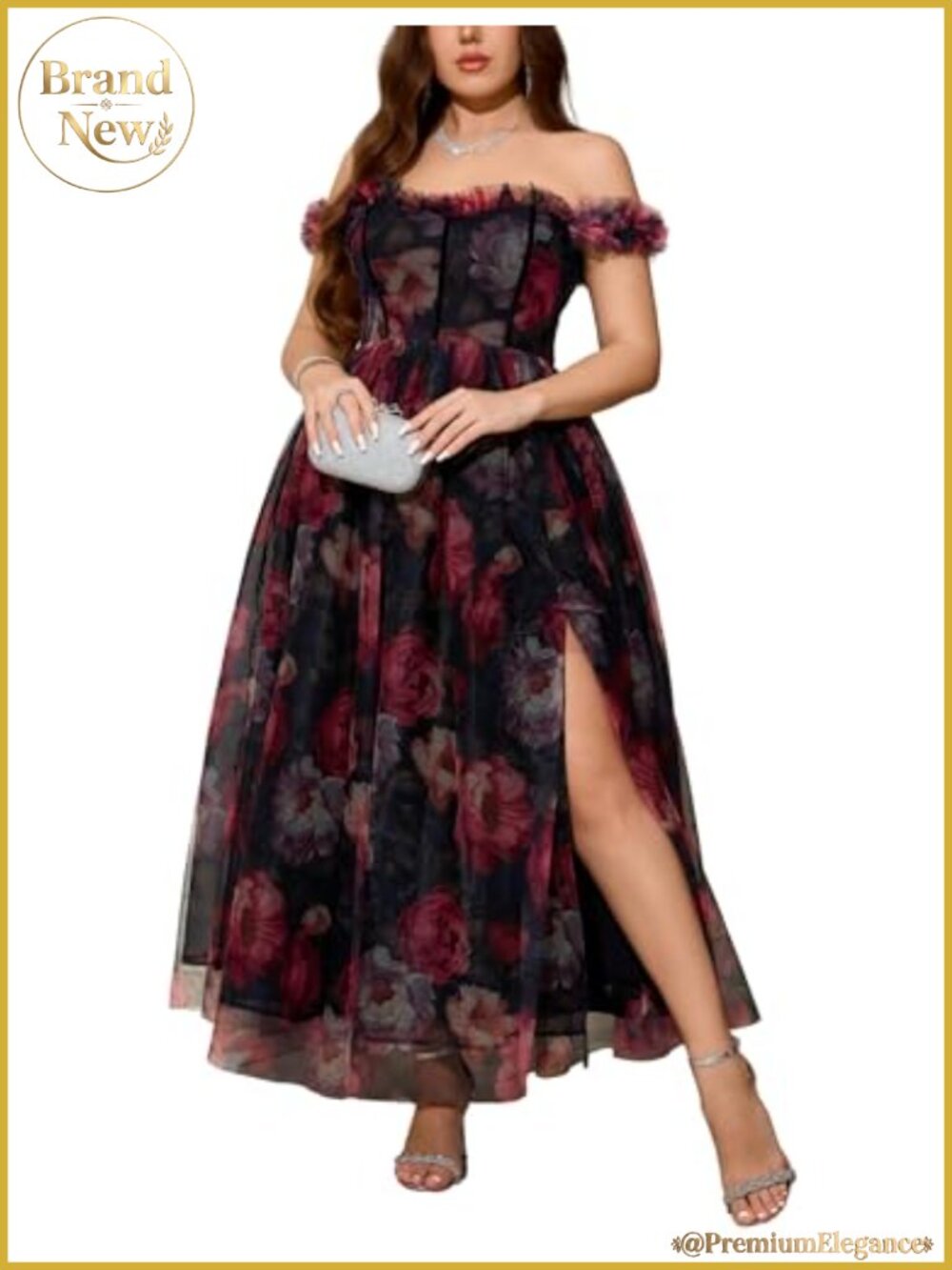 Plus Size Formal Floral Midi Dress with Slit Wedding Guest Cocktail Gown